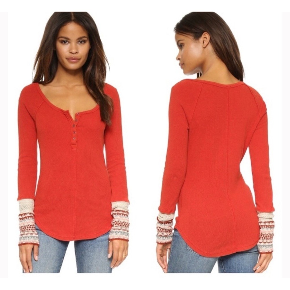 Free People Orange Red Y2K Waffle‎ Knit Thermal Top Knit Cuff Size S